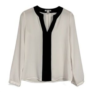 MANGO Suit Black White‎ V Neck Long Sleeve Blouse Top XXS